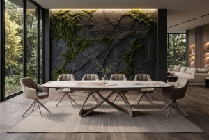MASA DINING EXTENSIBILA INFINITY 180-220-260CM, REALIZATA DIN METAL SI BLAT DIN STICLA SI CERAMICA ITALIANA, CULOARE MARO-ALB/SAMPANIE - Img 9
