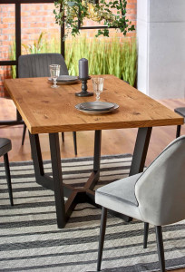 MASA DINING EXTENSIBILA MASSIVE, STEJAR/NEGRU, 160/250 CM, BLAT DIN FURNIR NATURAL SI PICIOARE DIN METAL, STIL VINTAGE - Img 4