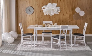 MASA DINING EXTENSIBILA NELSON ALBA, 160/200 CM, BLAT DIN MDF SI PICIOARE DIN LEMN MASIV, STIL CLASIC
