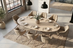MASA DINING OVALA, TRAVERTIN 220CM, REALIZATA DIN CERAMICA SI METAL, CULOARE GRI SAMPANIE, INVICTA INTERIOR - Img 12