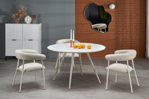 MASA DINING STIL ARAMIS, 120 CM, ALB TERRAZZO/ALB, BLAT DIN MDF SI PICIOARE DIN METAL, STIL MODERN