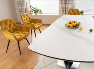 MASA EXTENSIBILA, 160/220 CM, EFECT DE MARMURA ALBA/NEGRU MAT/CROM, DIN CERAMICA, MDF SI METAL, STIL MODERN - Img 4