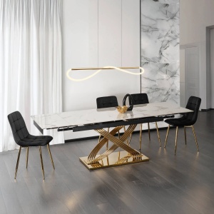 MASA EXTENSIBILA, ARTIM MEBLE 160/240CM, BLAT DIN CERAMICA SI SUPORT METALIC, CULOARE MARMURA ALBA/AURIU, STIL MODERN - Img 3