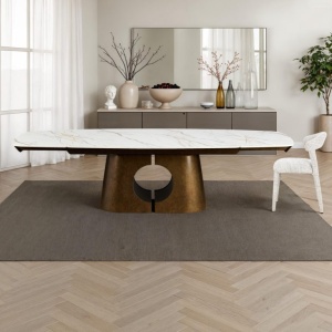 Masă extensibilă de mari dimensiuni Onice Marble Copper, metal vopsit și ceramică cu grosimea de 11 mm, blat din marmură onix mat, bază din cupru mat. Î. 76,5 x A. 100 x L. 200/250/300 cm - Img 7