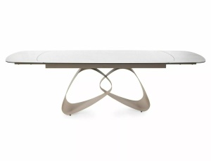 MASA EXTENSIBILA, DINING, 180/260CM, BEJ LUCIOS/CREM, BLAT DIN STICLA, CERAMICA SI METAL, STIL MODERN - Img 3
