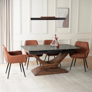 MASA EXTENSIBILA DOLCE, ARTIM MEBLE 160/200CM, BLAT DIN CERAMICA SI FURNIR, CULOARE MARMURA NEAGRA/NUC, STIL MODERN - Img 5