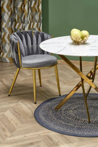 MASA LIVING RAYMOND 2, EFECT DE MARMURA ALBA/AURIU, 100 CM, BLAT DIN STICLA SI PICIOARE DIN METAL, STIL MODERN - Img 5