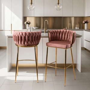 SCAUN BAR, ARTIM MEBLE, REALIZAT DIN CATIFEA SI METAL, CULOARE ROZ/AURIU, STIL MODERN