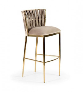 SCAUN DE BAR HORDIA, 60 CM, BEJ/AURIU, TAPITERIE DIN CATIFEA SI PICIOARE DIN METAL, STIL MODERN - Img 2