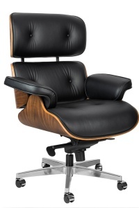 SCAUN DE BIROU LOUNGE, PIELE NATURALA ITALIANA SI LEMN DE NUC, CULOARE NEGRU/NUC, STIL EAMES