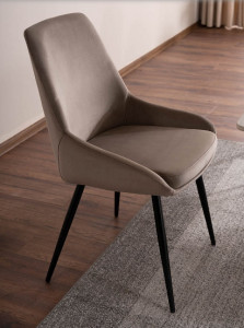 SCAUN DINING, BEJ INCHIS BLUVEL 40/NEGRU MAT, TAPITERIE DIN CATIFEA SI PICIOARE DIN METAL, STIL MODERN
