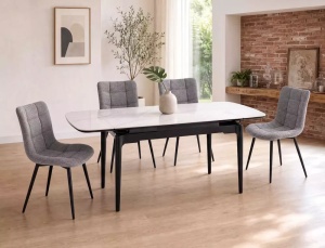 SCAUN DINING BREGO GRI 07/NEGRU MAT, TAPITERIE DIN TEXTIL SI PICIOARE DIN METAL, STIL MODERN - Img 4