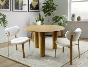 SCAUN DINING RIN D, BEJ DESCHIS 255/STEJAR, TAPITERIE DIN TEXTIL SI PICIOARE DIN METAL, STIL MODERN - Img 4