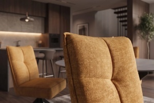 SET 2 SCAUNE ROTATIVE 360 GRADE, LUGANO, REALIZAT DIN METAL SI TEXTIL CATIFEA, CULOARE GALBEN MUSTAR/NEGRU - Img 3