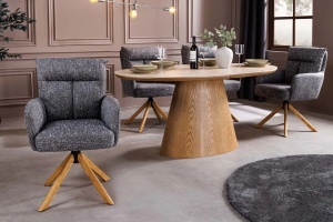 Set 2 Scaune rotative BIG GEORGE 360° cu revenire automată, husă din material textil structurat, gri, cadru din stejar - Img 5
