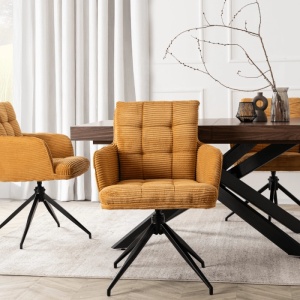 SET 4 SCAUNE ROTATIVE, ARTIM MEBLE, REALIZAT DIN MATERIAL CATIFEA RAIAT GALBEN MUSTAR SI METAL, STIL MODERN