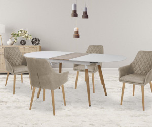 SET DINING MASA EXTENSIBILA CALIBER CU 4 SCAUNE K287 BEJ/NATURAL DESIGN SCANDINAV HALMAR - Img 1