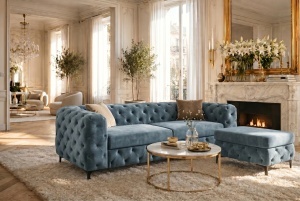 TABURET CHESTERFIELD 95CM, DIN LEMN SI TEXTIL CATIFEA, CULOARE ALBASTRA, INVICTA INTERIOR - Img 6