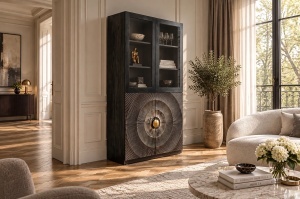 VITRINA LIVING GOLDEN SUNSET 180CM, MODEL 3D, REALIZAT DIN LEMN DE MANGO, STICLA SI PICIOARE DIN METAL, CULOARE NEGRU/AURIU - Img 7