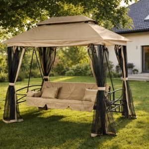 BALANSOAR DE GRADINA, ARTIM MEBLE, REALIZAT DIN TEXTIL IMPERMEABIL SI METAL, CULOARE NEAGRA/BEJ, STIL MODERN