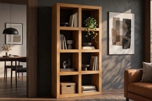 BIBLIOTECA LIVING MAKASSAR 180CM, 8 COMPARTIMENTE, REALIZATA DIN LEMN DE MANGO, CULOARE MARO NATUR - Img 5