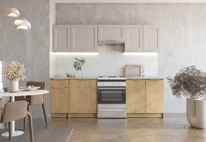 BUCATARIE WENDY, 240 CM, STEJAR CREMONA/CASMIR/GRI CENUSIU, DIN MDF, STIL MODERN