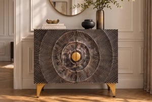 BUFET LIVING GOLDEN SUNSET 100CM, MODEL 3D, REALIZAT DIN LEMN DE MANGO SI PICIOARE DIN METAL, CULOARE NEGRU/AURIU - Img 12