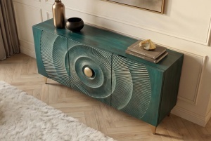 BUFET LIVING GOLDEN SUNSET 140CM, REALIZAT DIN LEMN DE MANGO, DE CULOARE TURCOAZ/AURIU, MODEL 3D, ARTIM GROUP - Img 9