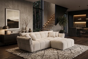 CANAPEA CONFORTABILA CLOUD 260CM, 3 LOCURI, REALIZATA DIN LEMN SI MATERIAL BOUCLE, CULOARE BEJ - Img 2