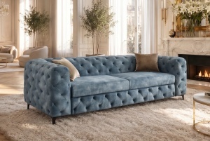 CANAPEA ELEGANTA CHESTERFIELD 235CM, DIN LEMN SI TEXTIL CATIFEA, CULOARE ALBASTRU, INVICTA INTERIOR - Img 4