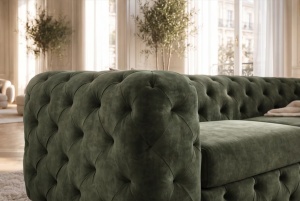 CANAPEA ELEGANTA CHESTERFIELD 235CM, DIN LEMN SI TEXTIL CATIFEA, CULOARE VERDE INCHIS, INVICTA INTERIOR - Img 3