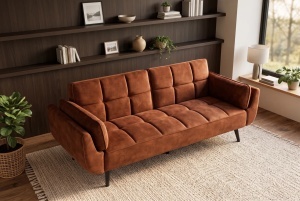 CANAPEA EXTENSIBILA BOUTIQUE 215CM, 3 LOCURI, REALIZAT DIN LEMN SI CATIFEA, CULOARE MARO RUGINIU - Img 5