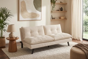 CANAPEA EXTENSIBILA COCO 190CM, 3 LOCURI, REALIZATA DIN LEMN SI CATIFEA RAIATA, DE CULOARE BEJ, ARTIM GROUP - Img 2