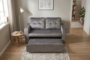 CANAPEA EXTENSIBILA DE APARTAMENT, SMART 140CM, 2 LOCURI, DIN LEMN SI MATERIAL CATIFEA, CULOARE GRI, INVICTA INTERIOR - Img 3