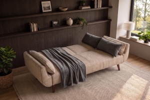 CANAPEA EXTENSIBILA DIVANI 220CM, 3 LOCURI, REALIZAT DIN LEMN SI TEXTIL CATIFEA, CULOARE BEJ - Img 5