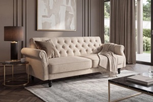 CANAPEA EXTENSIBILA MAISON BELLE 220CM, REALIZATA DIN LEMN SI CATIFEA, CULOARE BEJ, INVICTA INTERIOR