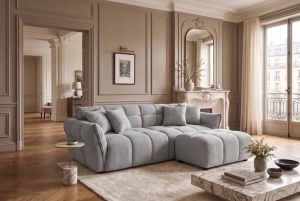 CANAPEA LIVING CLOUD 260CM, 3 LOCURI, REALIZAT DIN LEMN SI MATERIAL TEXTIL BOUCLE, CULOARE GRI - Img 5