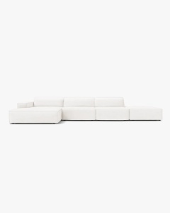 COLTAR CU 5 LOCURI JODIE, PE STANGA, 341X162 CM, ALB, TAPITAT CU TAPITERIE DIN TEXTIL BOUCLE BALOO, MICADONI
