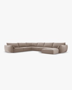 COLTAR CU 8 LOCURI, KAELLE, PE STANGA, 384 CM, CAPPUCCINO, TAPITAT CU TAPITERIE DIN TEXTIL CATIFEA BLUVEL, MICADONI - Img 2