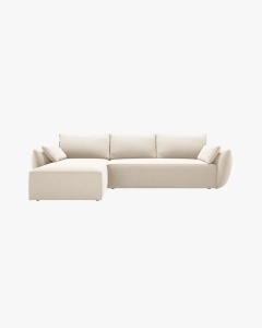 COLTAR EXTENSIBIL KAELLE, 252 CM, PE STANGA, BEJ DESCHIS, CU TAPITERIE DIN TEXTIL CATIFEA BLUVEL, MICADONI