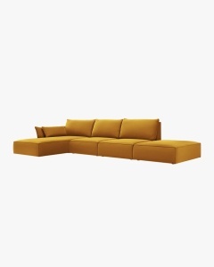 COLTAR KAELLE, 364 CM, CU 5 LOCURI, PE STANGA, GALBEN, CU TAPITERIE DIN TEXTIL CATIFEA BLUVEL, MICADONI - Img 2