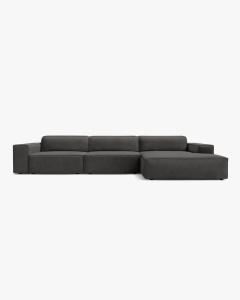 COLTAR PE DREAPTA JODIE, CU 4 LOCURI, 284X162 CM, ADANCIME SCAUN 62 CM, GRI, TAPITAT CU TAPITERIE DIN TEXTIL CATIFEA BLUVEL, MICADONI