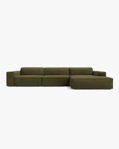COLTAR PE DREAPTA JODIE, CU 4 LOCURI, 284X162 CM, ADANCIME SCAUN 62 CM, VERDE, TAPITAT CU TAPITERIE DIN TEXTIL CATIFEA BLUVEL, MICADONI