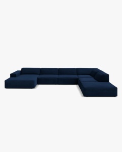 COLTAR PE DREAPTA JODIE, CU 7 LOCURI, 361X258 CM, ADANCIME SCAUN 62 CM, ALBASTRU ROYAL, TAPITAT CU TAPITERIE DIN TEXTIL CATIFEA VENUS, MICADONI