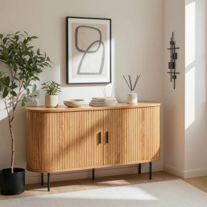 COMODA LIVING 140CM, ARTIM MEBLE, CU 2 USI GLISANTE SI SERTARE, REALIZATA DIN MDF, CULOARE STEJAR, STIL MODERN