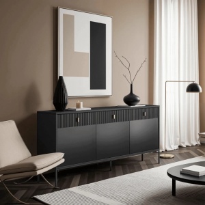 COMODA LIVING 155CM, ARTIM MEBLE, CU 3 USI, REALIZATA DIN MDF, CULOARE NEAGRA, STIL MODERN - Img 2