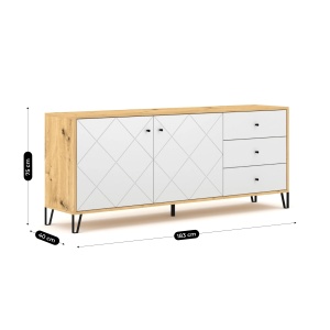 COMODA LIVING 183CM, ARTIM MEBLE, CU 2 USI SI 3 SERTARE, REALIZAT DIN MDF SI METAL, CULOARE ALB/STEJAR, STIL MODERN - Img 6