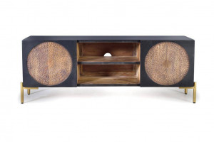 COMODA TV 145CM, NEGRU/NUC INCHIS, DIN LEMN DE MANGO/AURIU, GINER Y COLOMER - Img 1