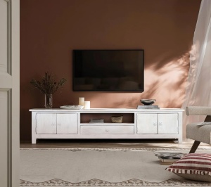 COMODA TV LAHORE 230CM, REALIZATA DIN LEMN DE MANGO SI METAL, CULOARE ALB ANTICHIZAT, GINER Y COLOMER - Img 2