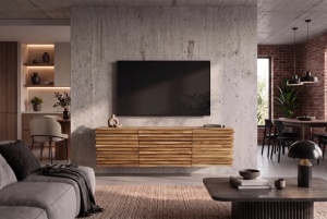 COMODA TV RELIEF 175CM, REALIZATA DIN LEMN MASIV DE SALCAM, CULOARE NATUR, MONTAJ PE PERETE, INVICTA INTERIOR